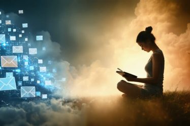 Conceptual image showing the transformation from a chaotic digital storm to a calm journaling oasis, representing the journey from digital interaction chaos to emotional awareness and clarity.