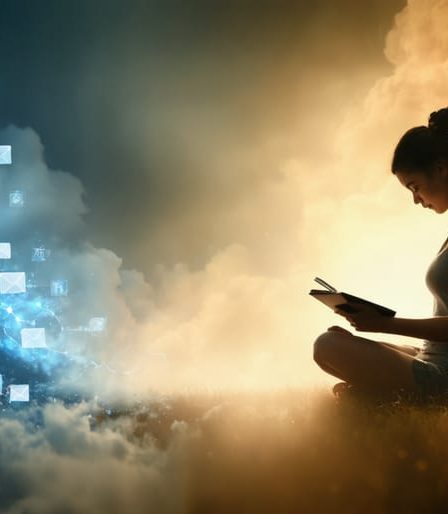 Conceptual image showing the transformation from a chaotic digital storm to a calm journaling oasis, representing the journey from digital interaction chaos to emotional awareness and clarity.