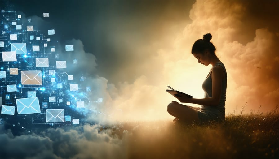 Conceptual image showing the transformation from a chaotic digital storm to a calm journaling oasis, representing the journey from digital interaction chaos to emotional awareness and clarity.