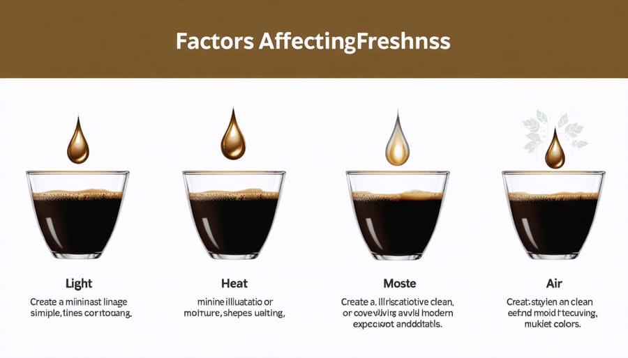 Infographic illustrating the four main factors that degrade coffee freshness