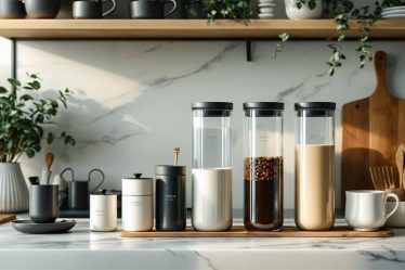 A modern kitchen scene showcasing elegant airtight ceramic and glass containers designed for preserving coffee bean freshness.