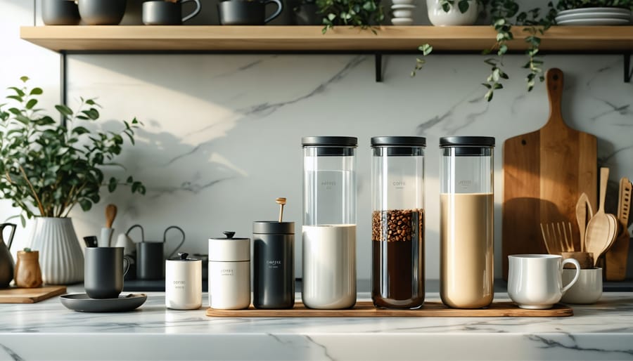 A modern kitchen scene showcasing elegant airtight ceramic and glass containers designed for preserving coffee bean freshness.