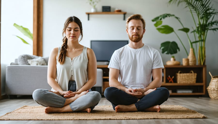 Couple sitting cross-legged in meditation pose, practicing stress management techniques together