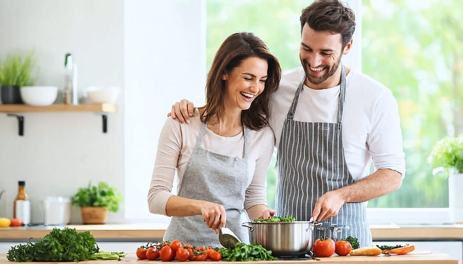 Happy couple preparing a healthy dinner together in their kitchen