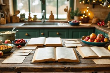 A collection of vintage holiday recipe books and handwritten cards spread across a wooden table, surrounded by warm lighting and family photos, capturing the essence of preserving family culinary traditions.