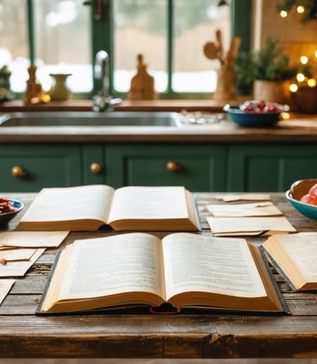 A collection of vintage holiday recipe books and handwritten cards spread across a wooden table, surrounded by warm lighting and family photos, capturing the essence of preserving family culinary traditions.