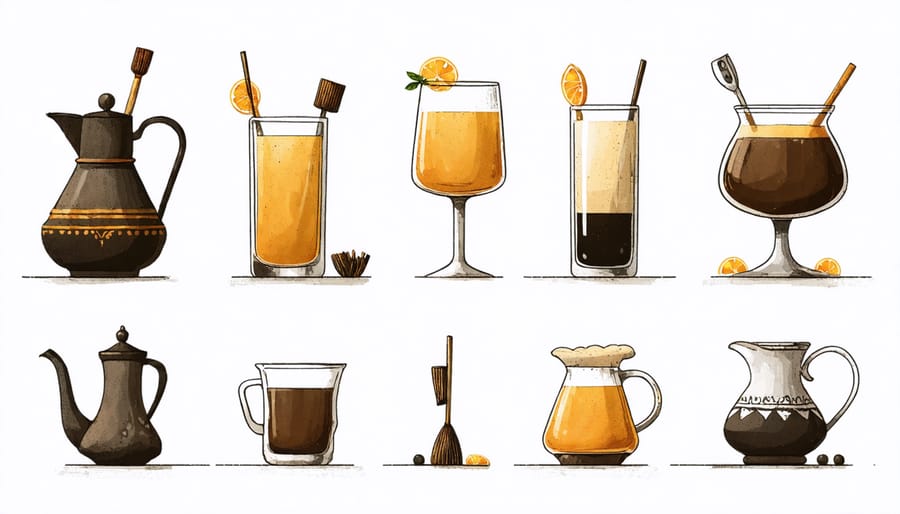 Artisanal drink-making implements including tea whisks, mate gourds, and ceremonial vessels