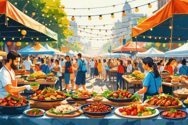 A lively market scene at a street food festival featuring diverse food stalls with traditional dishes from various cultures and a vibrant crowd under decorative string lights.