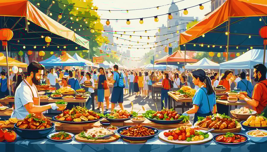 A lively market scene at a street food festival featuring diverse food stalls with traditional dishes from various cultures and a vibrant crowd under decorative string lights.