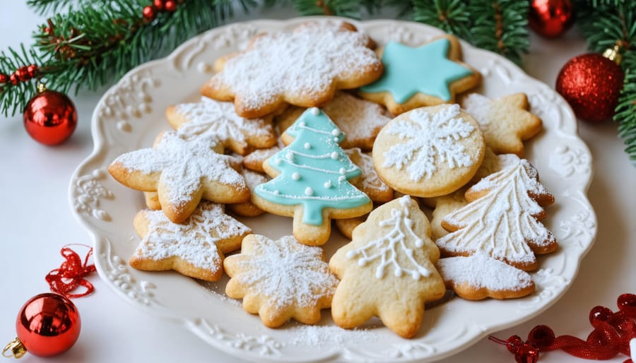 Decorated Christmas sugar cookies with royal icing and sprinkles