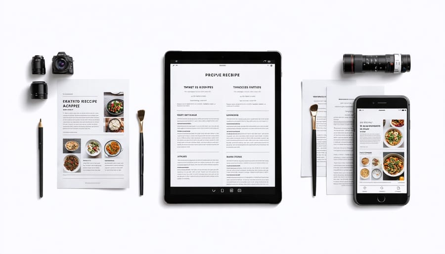 Digital devices displaying recipe organization apps alongside traditional printed recipes