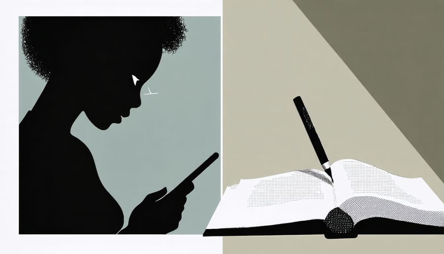 Contrasting scenes of digital disconnection and mindful journaling