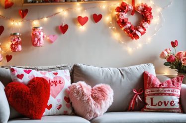 A stylish living room decorated for Valentine's Day with vibrant paper heart garlands, a cozy no-sew heart pillow on the couch, a charming ribbon wreath, and glowing Mason jar lights, creating a warm and romantic ambiance.