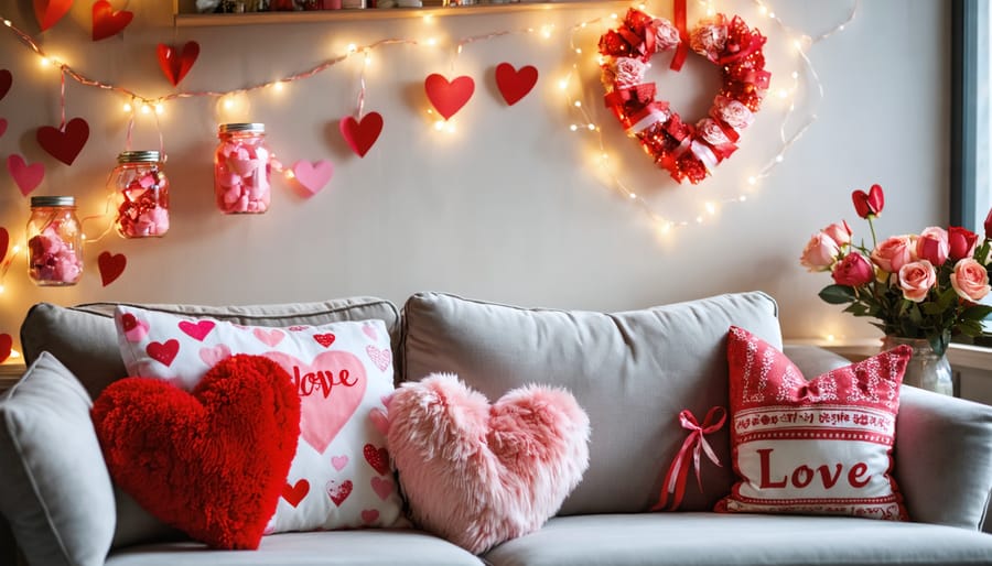 A stylish living room decorated for Valentine's Day with vibrant paper heart garlands, a cozy no-sew heart pillow on the couch, a charming ribbon wreath, and glowing Mason jar lights, creating a warm and romantic ambiance.