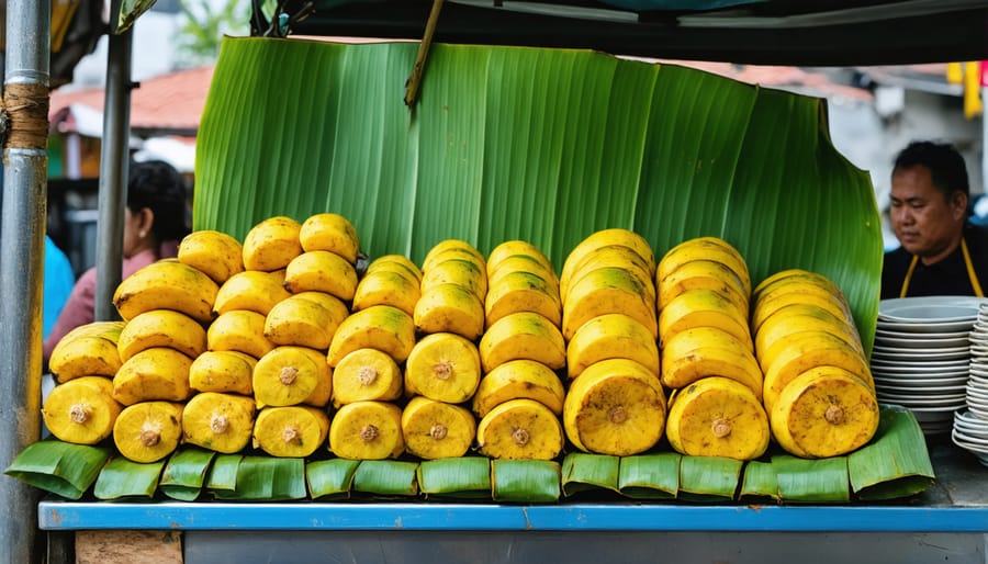 Food vendor wrapping traditional street food in fresh banana leaves