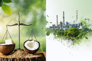 Conceptual image contrasting ethically sourced beauty ingredients with industrial beauty practices, symbolizing the ethical balance in beauty business decisions.