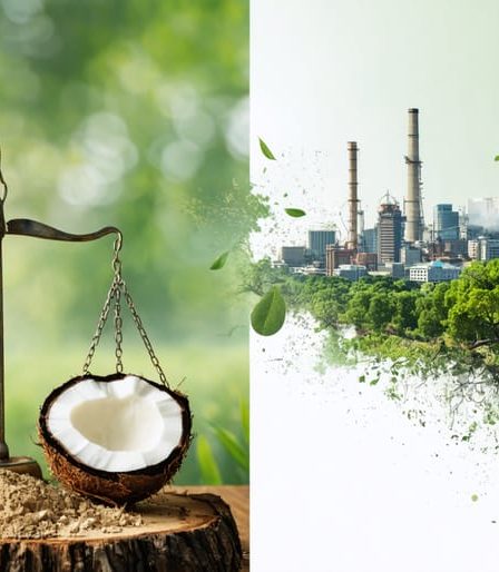 Conceptual image contrasting ethically sourced beauty ingredients with industrial beauty practices, symbolizing the ethical balance in beauty business decisions.