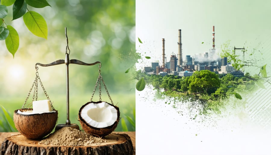 Conceptual image contrasting ethically sourced beauty ingredients with industrial beauty practices, symbolizing the ethical balance in beauty business decisions.