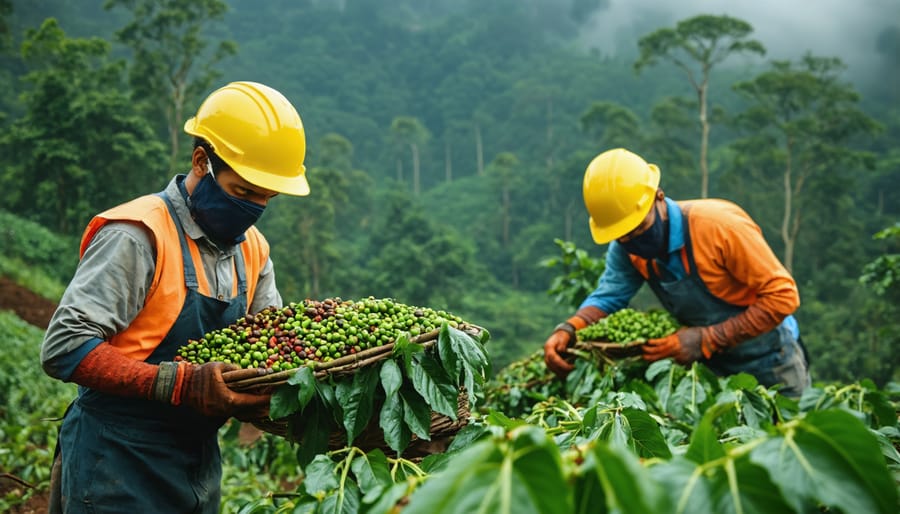 Coffee farmers wearing safety gear while carefully harvesting coffee beans on a sustainable farm