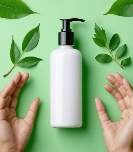 Illustration featuring a beauty product bottle surrounded by symbols of ethical sourcing including fair labor hands and sustainable earth elements.