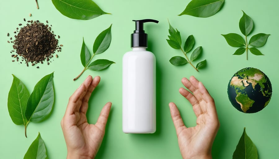 Illustration featuring a beauty product bottle surrounded by symbols of ethical sourcing including fair labor hands and sustainable earth elements.