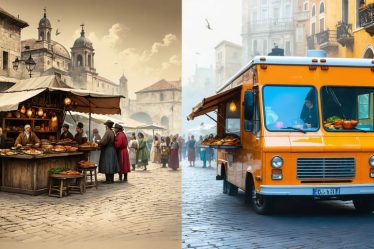 A split image showing an 18th-century marketplace with spice vendors alongside a modern food truck, illustrating the historical evolution of street food.