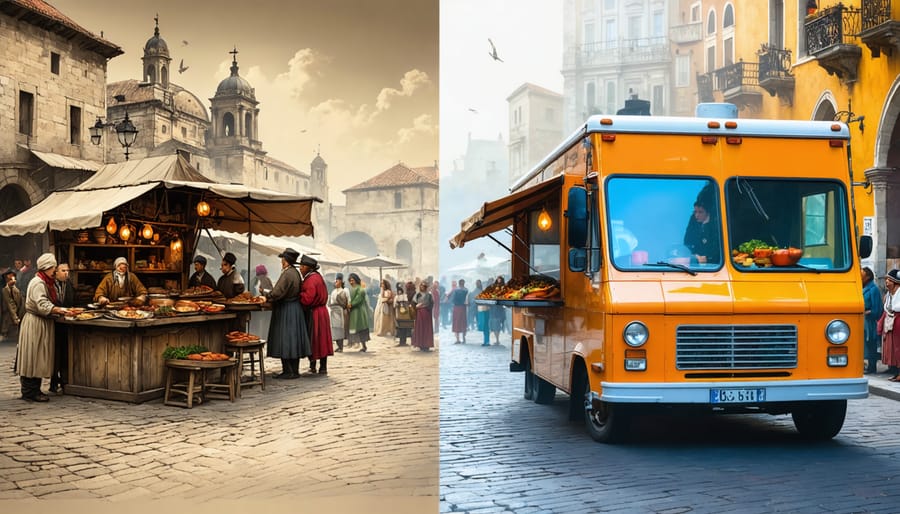 A split image showing an 18th-century marketplace with spice vendors alongside a modern food truck, illustrating the historical evolution of street food.