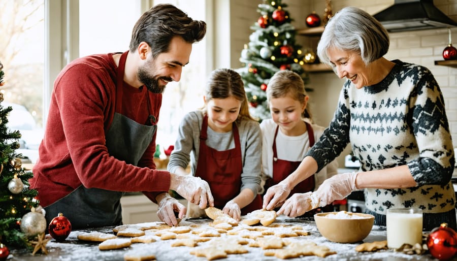 Three generations of family members decorating holiday cookies while sharing smiles and stories