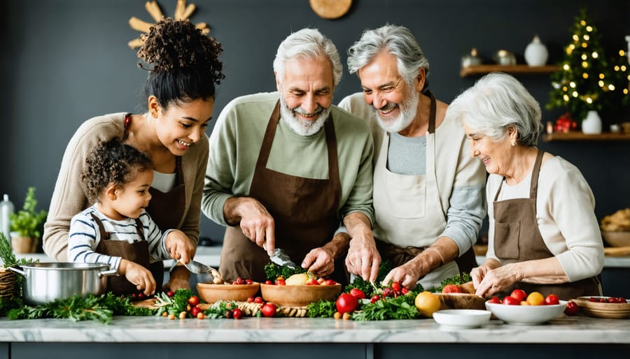 Three generations of family members cooking together, sharing traditional holiday recipes in a home kitchen