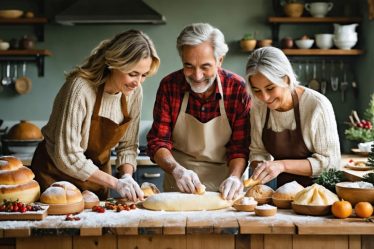 A multi-generational family joyfully preparing an array of traditional holiday dishes from different cultures, symbolizing shared heritage and connection.