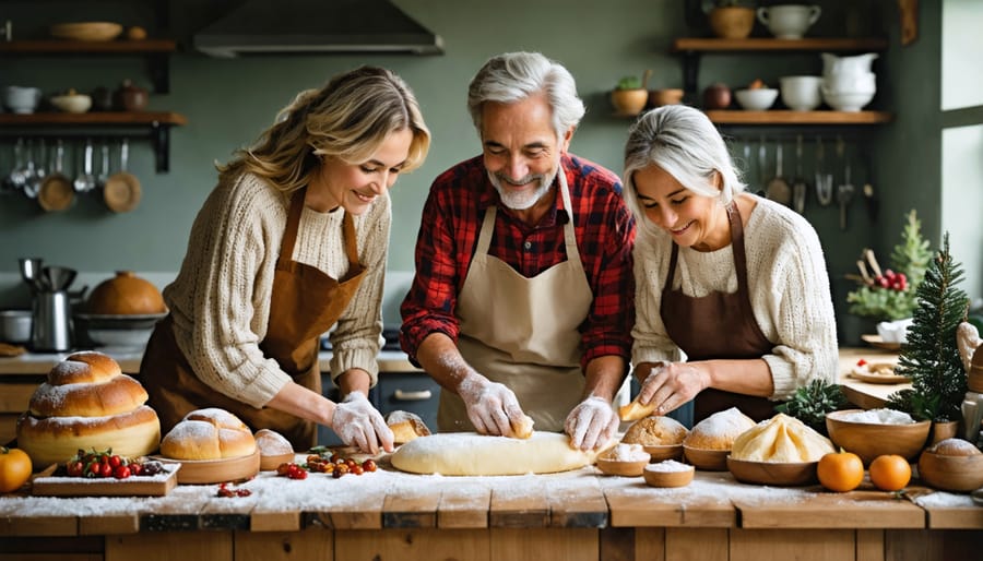 A multi-generational family joyfully preparing an array of traditional holiday dishes from different cultures, symbolizing shared heritage and connection.