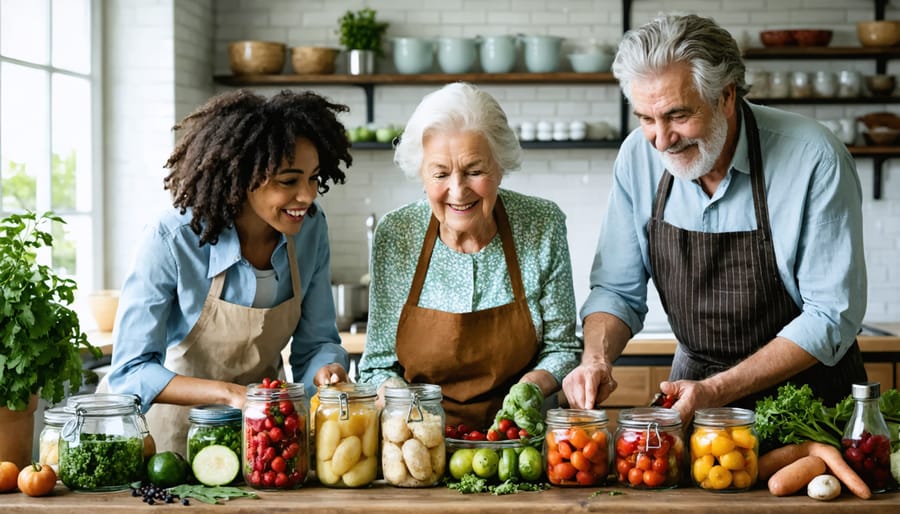 Grandmother teaching grandchildren traditional food preservation techniques in home kitchen