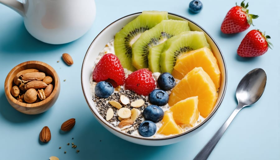 Healthy breakfast bowl featuring fiber-rich ingredients like oats, seeds, and fresh fruit