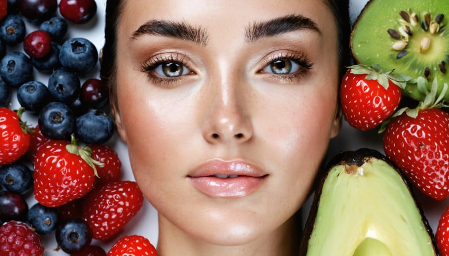 Person with healthy, radiant skin next to an array of fiber-rich foods
