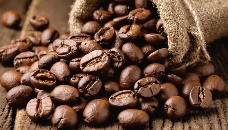 Fresh roasted coffee beans spilling from a burlap coffee sack