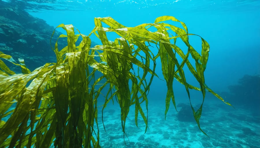 Vibrant green kelp fronds swaying underwater in clear ocean water