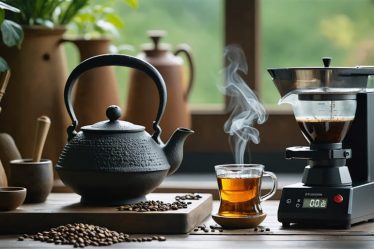 A harmoniously arranged kitchen setting showcasing traditional beverage tools like a cast iron teapot and manual coffee grinder alongside modern innovations like an electric kettle and digital scale, symbolizing the blend of tradition and contemporary convenience.