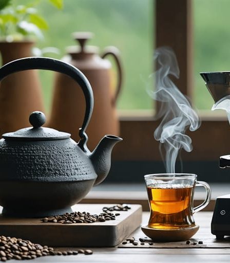 A harmoniously arranged kitchen setting showcasing traditional beverage tools like a cast iron teapot and manual coffee grinder alongside modern innovations like an electric kettle and digital scale, symbolizing the blend of tradition and contemporary convenience.