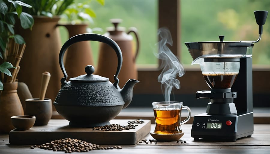 A harmoniously arranged kitchen setting showcasing traditional beverage tools like a cast iron teapot and manual coffee grinder alongside modern innovations like an electric kettle and digital scale, symbolizing the blend of tradition and contemporary convenience.