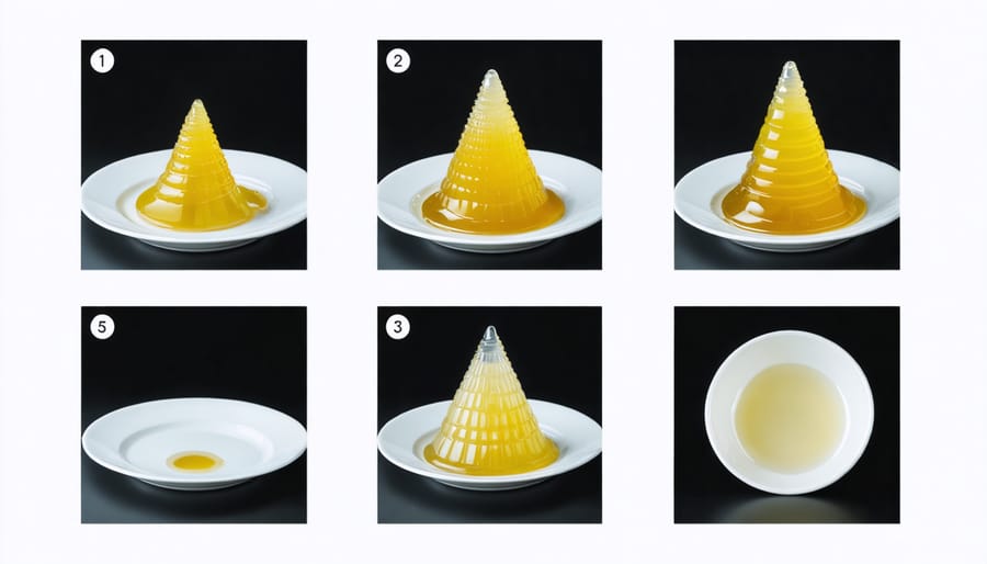 Four-panel image showing the stages of plant-based gelatin setting at different temperatures