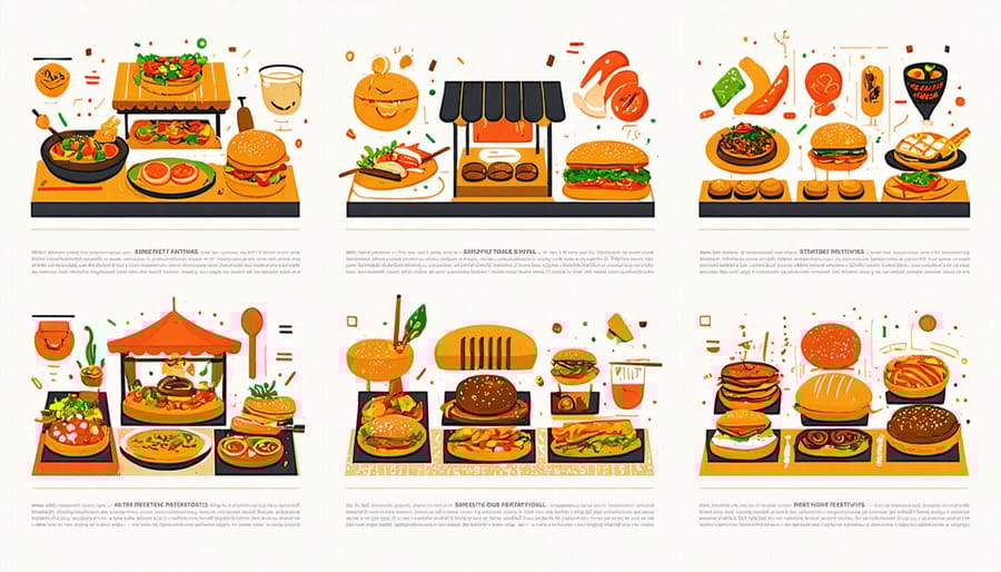 Montage of international street food festivals featuring diverse cuisines and cultural celebrations
