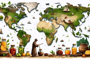 Illustrated world map highlighting ancient trade routes with various preserved food items like pickled jars and smoked meats, symbolizing the worldwide spread of ancient food preservation techniques.