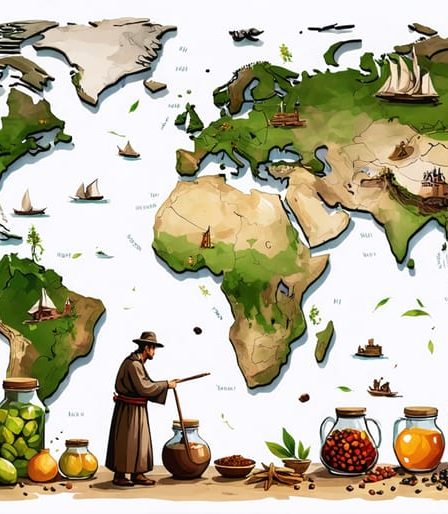Illustrated world map highlighting ancient trade routes with various preserved food items like pickled jars and smoked meats, symbolizing the worldwide spread of ancient food preservation techniques.