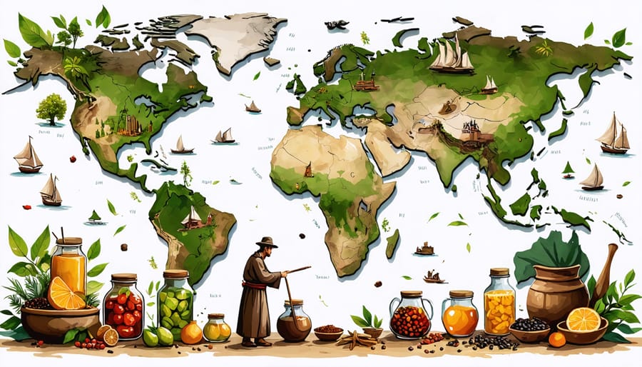 Illustrated world map highlighting ancient trade routes with various preserved food items like pickled jars and smoked meats, symbolizing the worldwide spread of ancient food preservation techniques.
