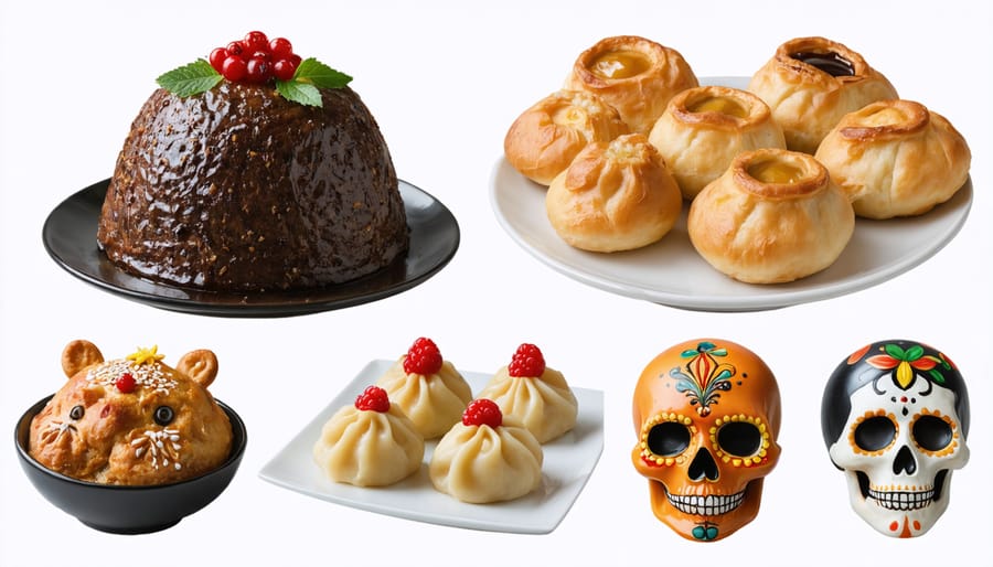 Diverse array of holiday foods from various cultural celebrations worldwide
