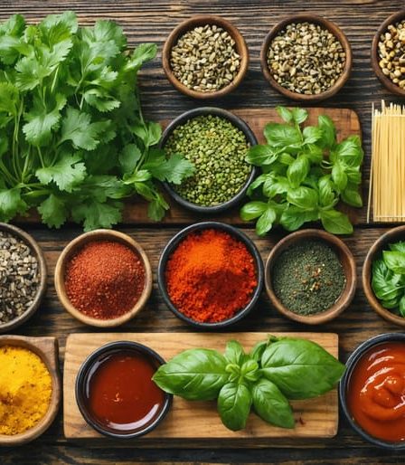 A colorful assortment of street food ingredients from around the world, including fresh herbs, spices, noodles, and sauces, displayed on a wooden table.