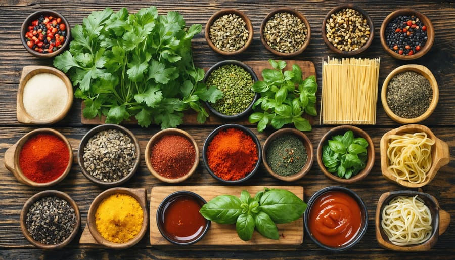 A colorful assortment of street food ingredients from around the world, including fresh herbs, spices, noodles, and sauces, displayed on a wooden table.