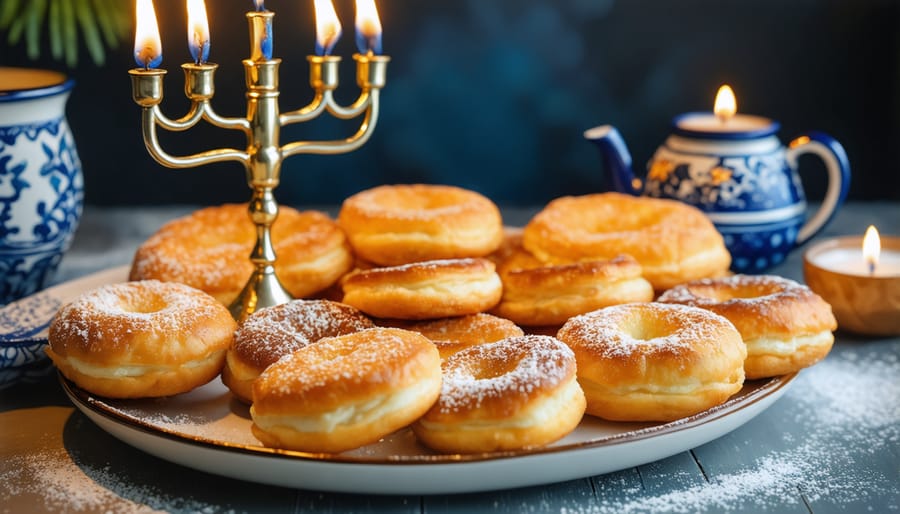 Festive table setting with traditional Hanukkah foods including potato latkes, jelly doughnuts, and a glowing menorah