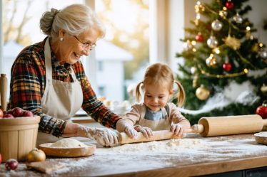 A grandmother and child smiling as they roll out sugar cookie dough on a wooden table filled with baking tools, with sunlight streaming through a window, encapsulating a warm, nostalgic holiday kitchen setting.