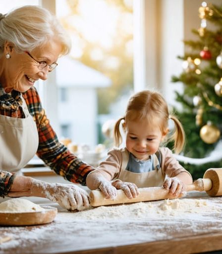 A grandmother and child smiling as they roll out sugar cookie dough on a wooden table filled with baking tools, with sunlight streaming through a window, encapsulating a warm, nostalgic holiday kitchen setting.